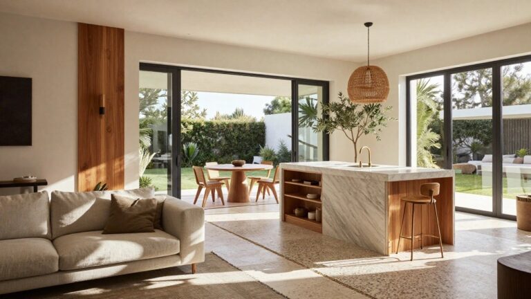 Modern open-plan interior with high wooden ceilings, large windows, a beige sofa, marble kitchen island, and wooden cabinetry.