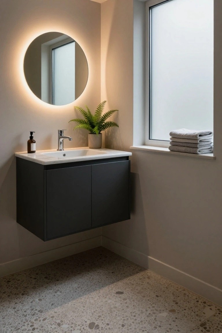 A modern bathroom with a floating dark gray vanity, white countertop, round backlit mirror, and a window with stacked towels on the sill.