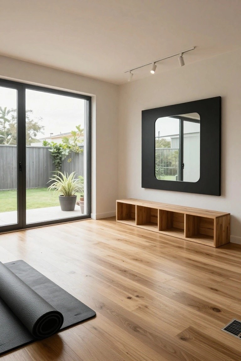 Modern room with light wood floors, rolled yoga mat, wooden console, black mirror, and glass doors
