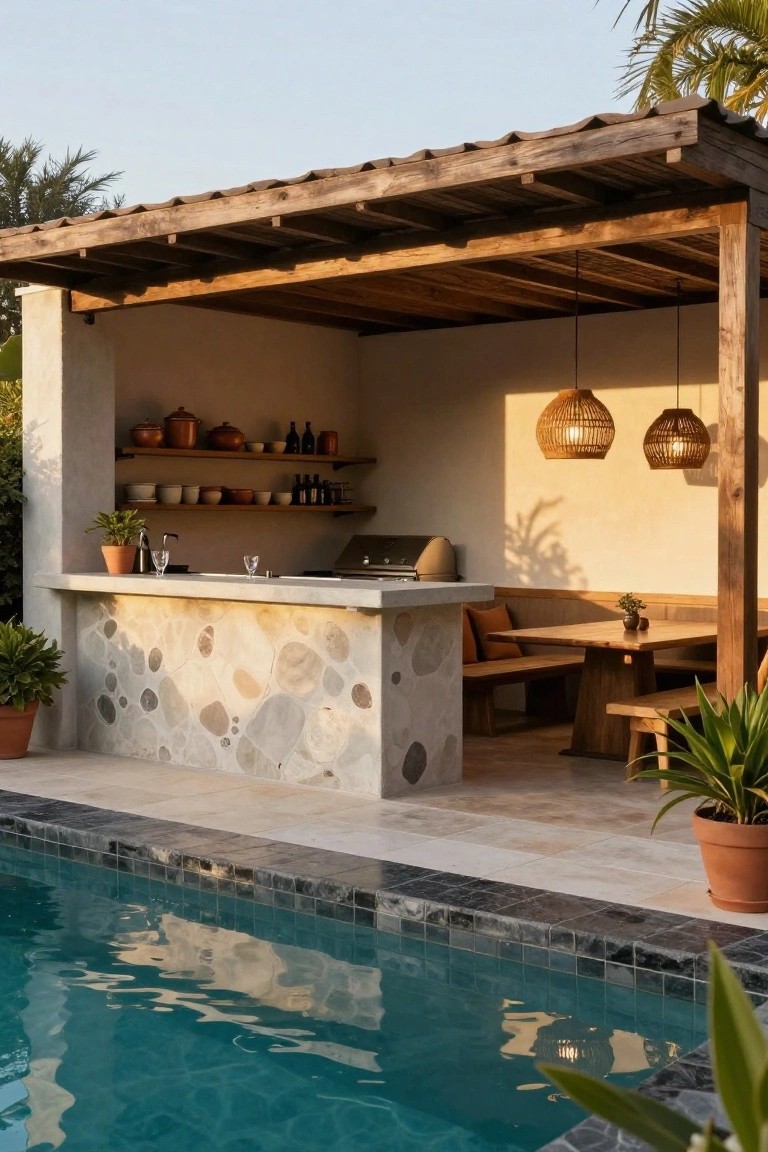 Outdoor kitchen with stone bar under wooden pergola beside turquoise swimming pool at dusk