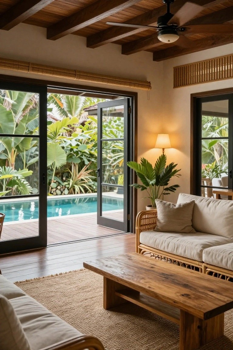 An interior living space with rattan furniture, a wooden coffee table, and open black-framed sliding glass doors leading to a wooden deck and swimming pool with tropical plants.