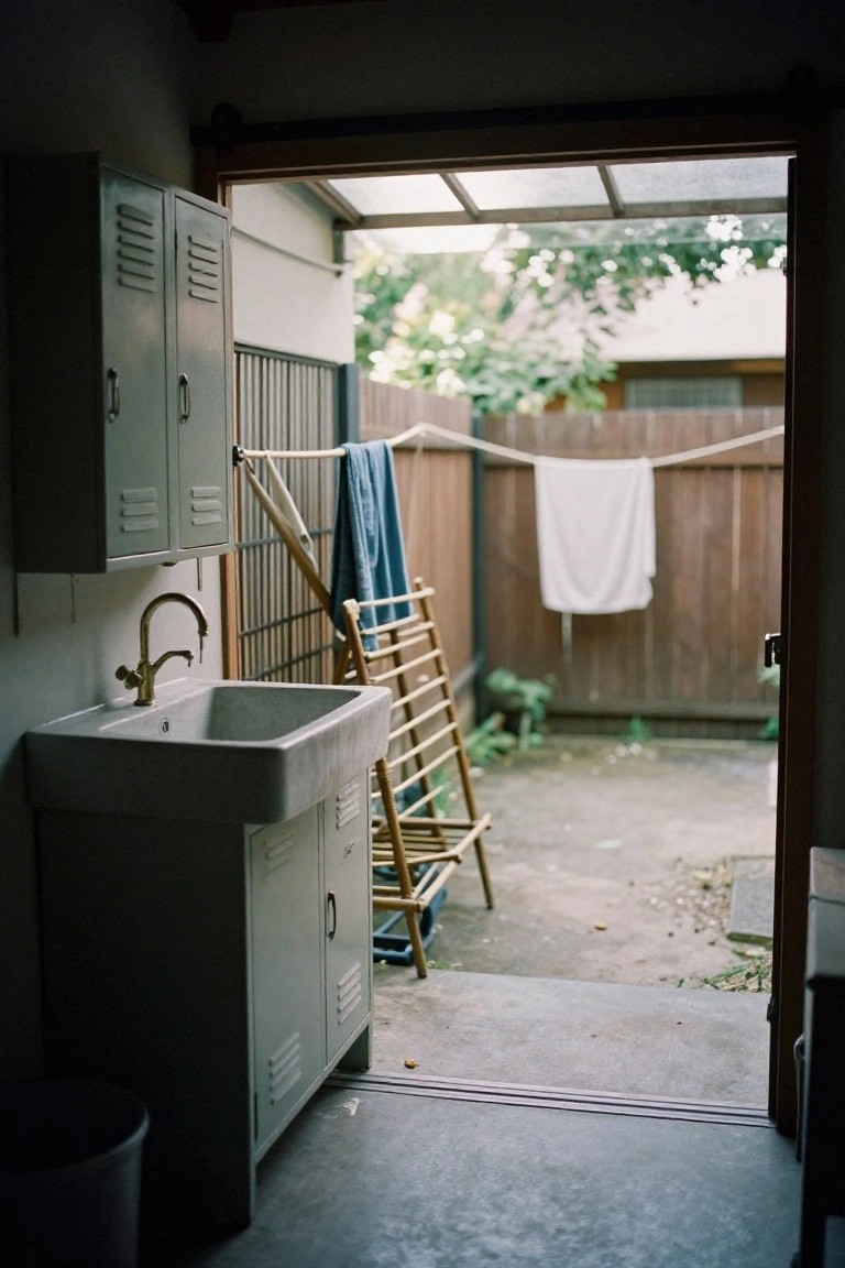 Indoor utility area with concrete sink and metal cabinets, open doorway leading to backyard with clothesline and wooden drying rack.