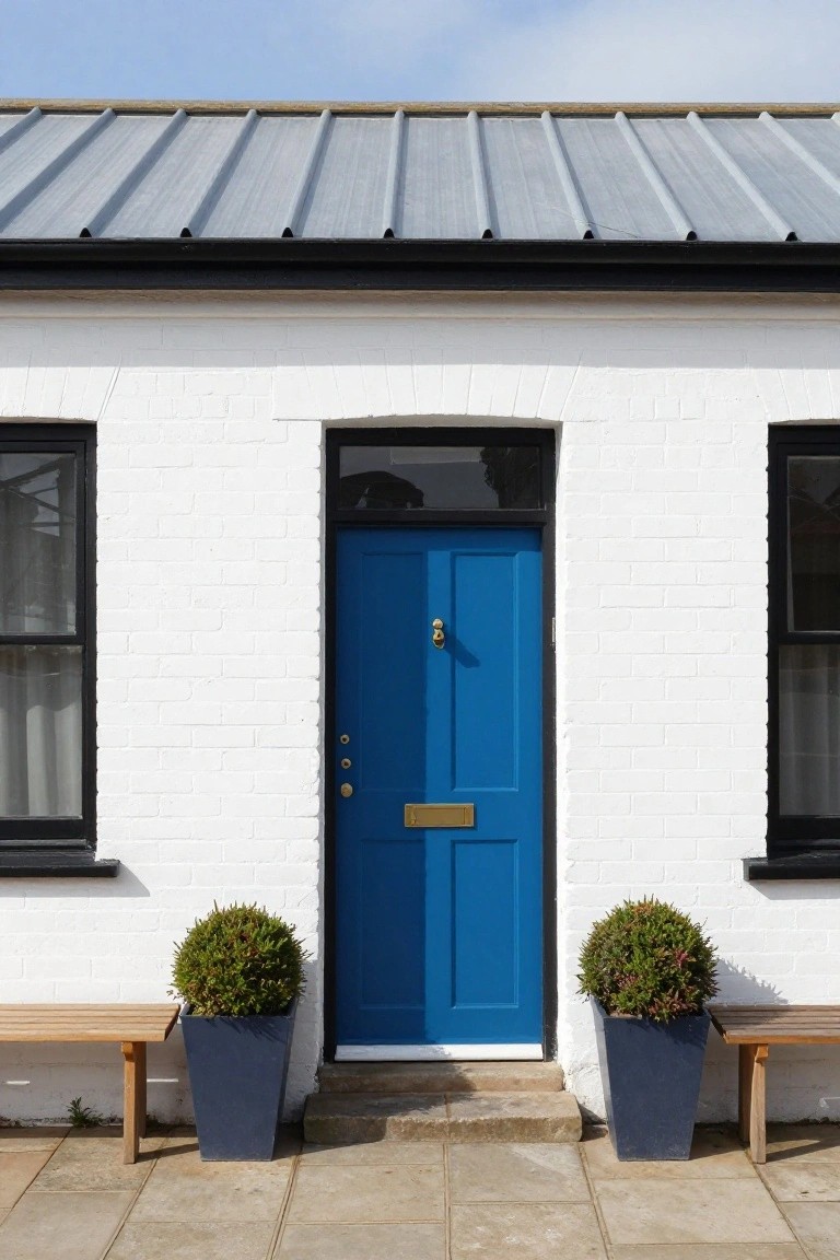 White brick facade with bright blue door, black windows, and two potted shrubs.