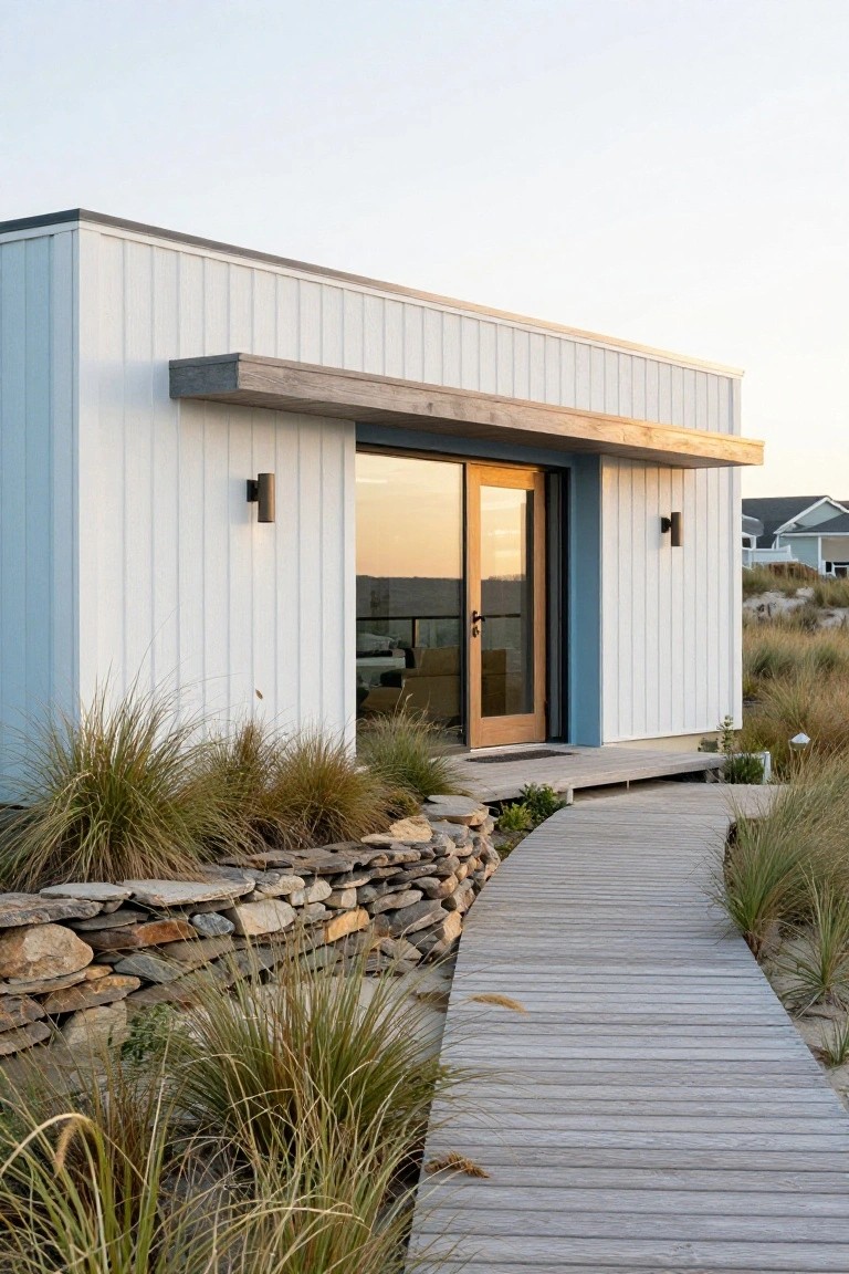 Modern house exterior with white vertical siding, blue trim, a wooden entry canopy, and a glass door opening onto a wooden deck.