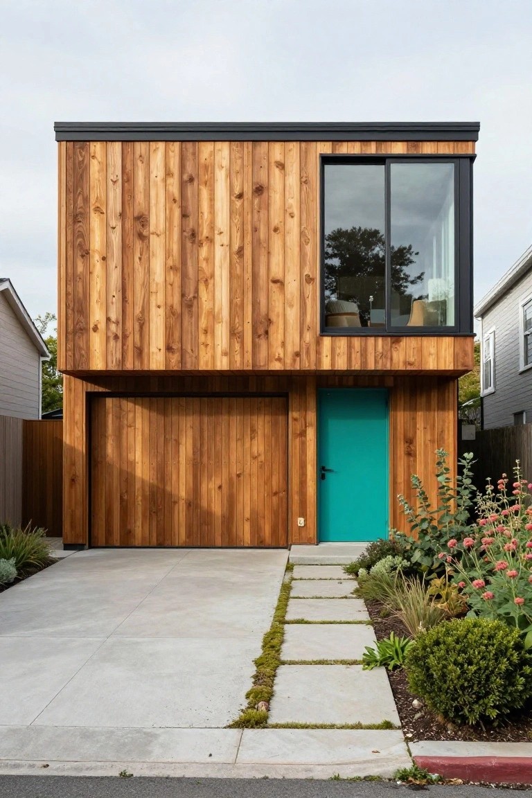 Modern two-story house with horizontal wood siding, a turquoise front door, attached garage, and large black-framed window on the upper right.