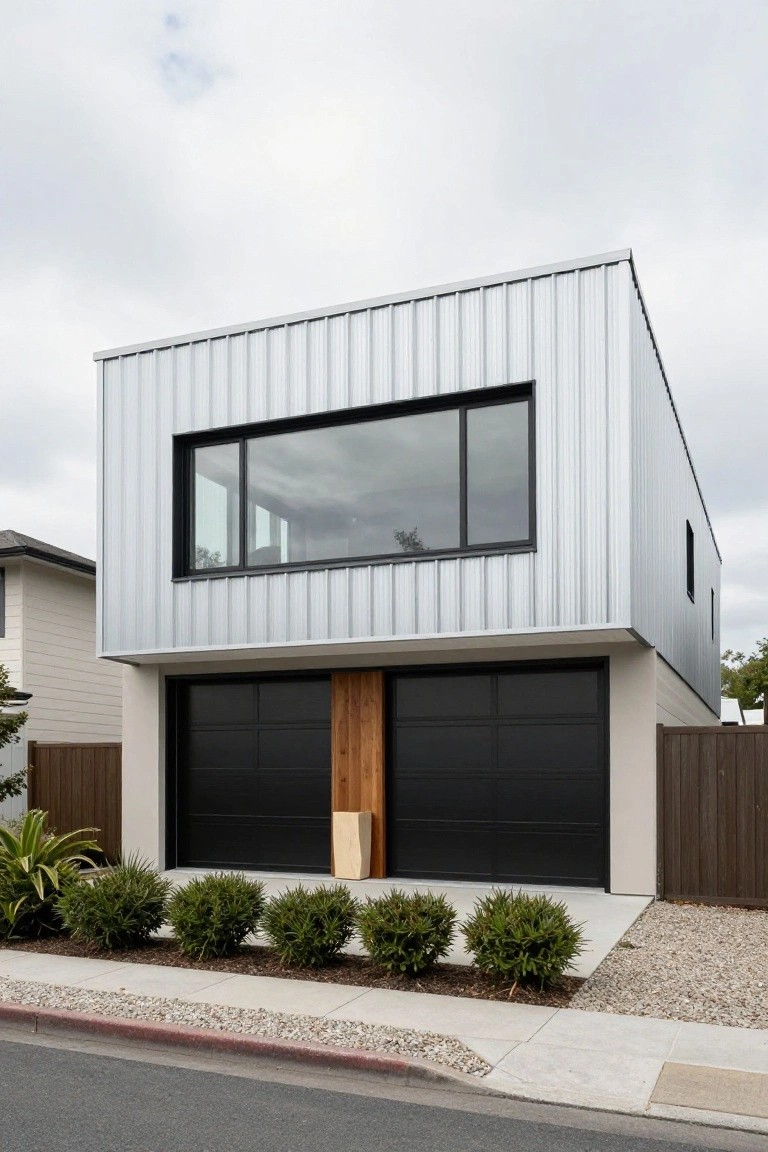 A two-story modern house with light gray corrugated metal siding on the upper level, a large black-framed window, and two black garage doors below.