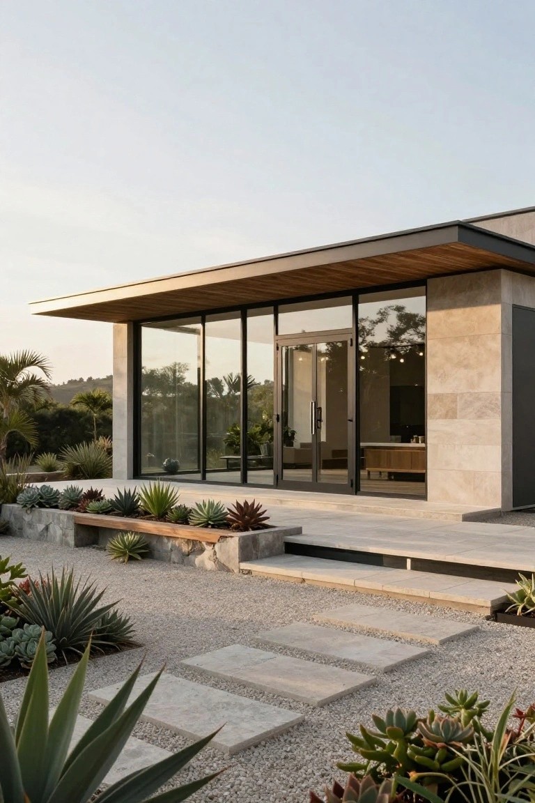 Modern single-story house with a wide roof overhang lined in wood, large glass doors and windows, stone wall sections, and stone steps leading up from a gravel path with succulents.