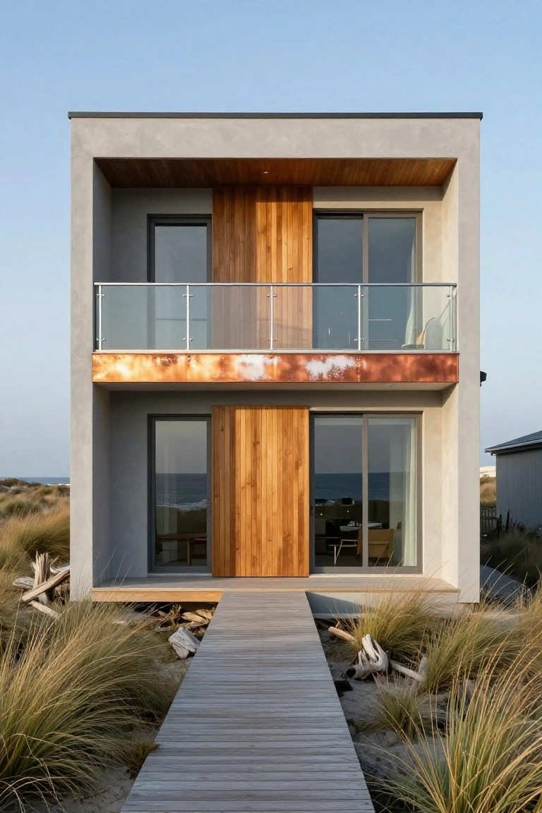 A two-story modern house with a concrete exterior, vertical wood panels, large glass windows, a glass balcony, and a wooden boardwalk leading across sand and grass.