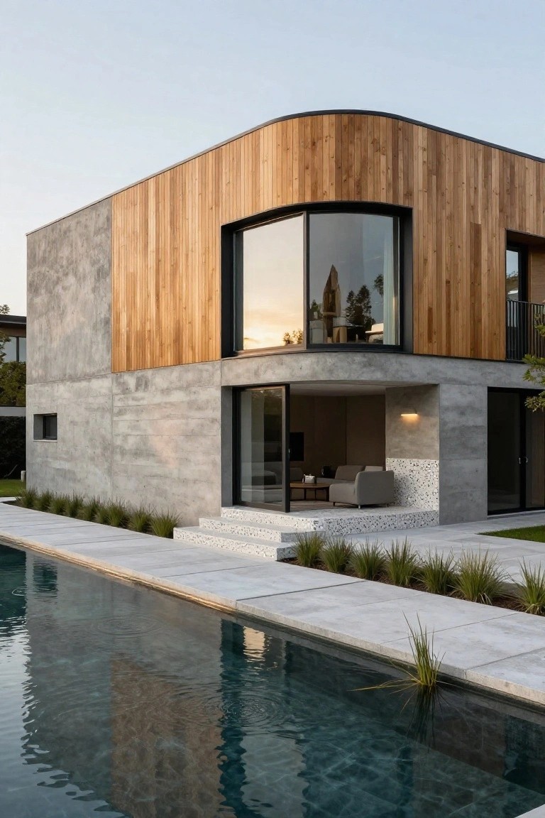 Modern two-story house with gray concrete walls and vertical wood siding, large curved windows, and a swimming pool in the foreground.