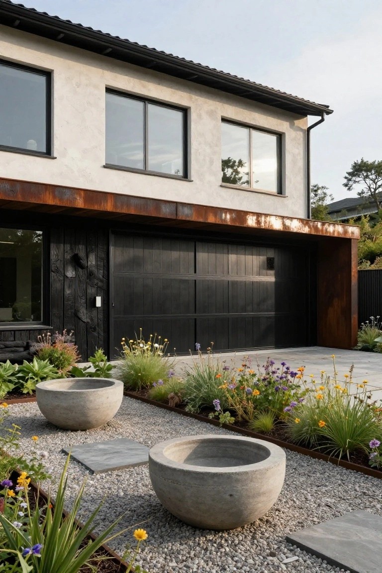 Modern two-story house with light stucco walls, a dark horizontal metal band, black garage door, and gravel landscaping with concrete planters in front.