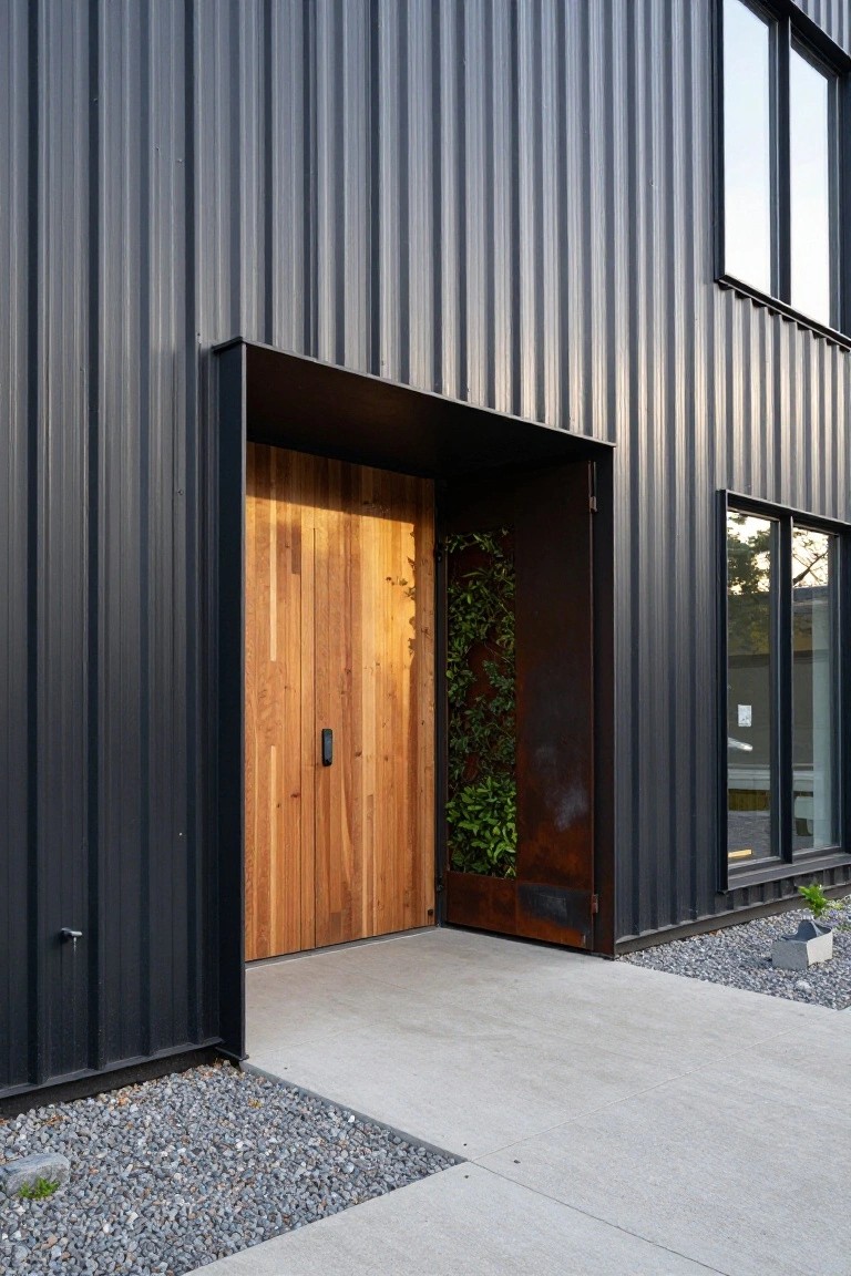 A modern house entrance with a wooden door in a dark metal frame next to a rusted metal panel covered with green plants, set against corrugated dark siding.