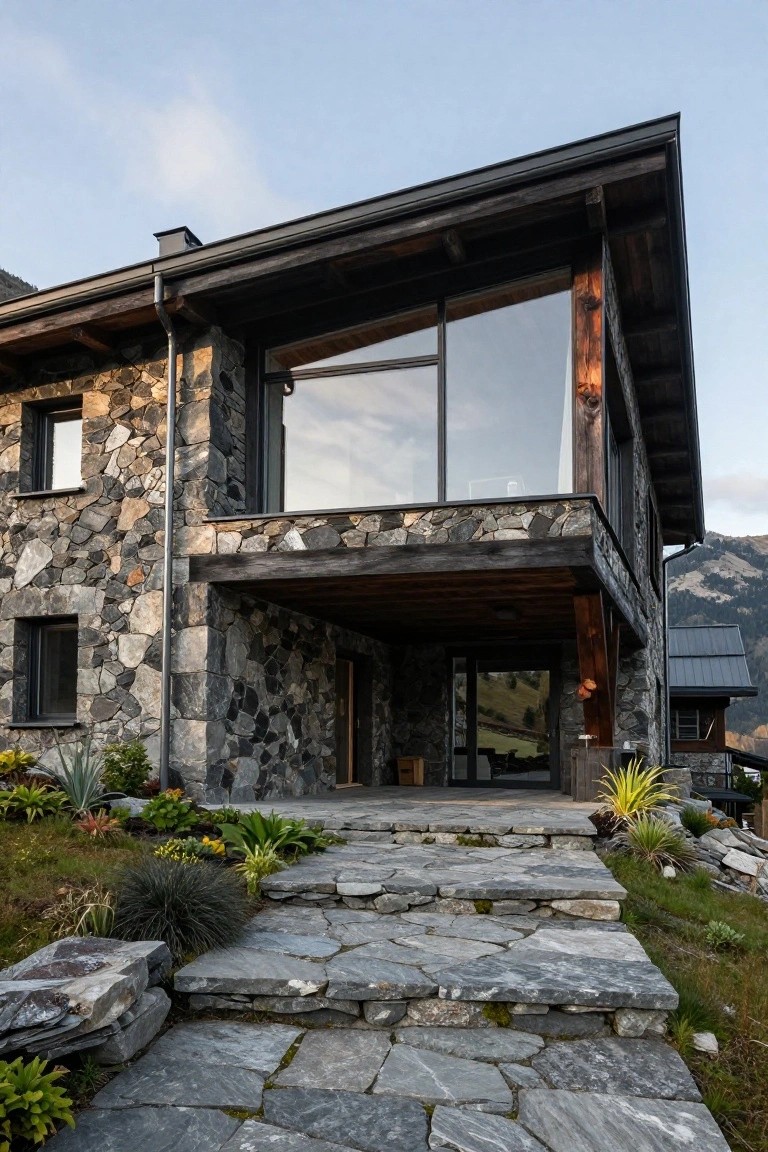 A modern house exterior with stacked stone walls, dark wood beams, large glass windows, and a wide stone pathway leading to the front entrance.