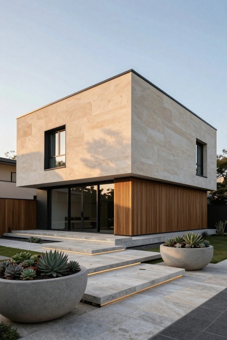 A modern two-story house with light stone on the upper facade, vertical wood cladding on the lower level, and large glass doors opening to a paved area with concrete planters.