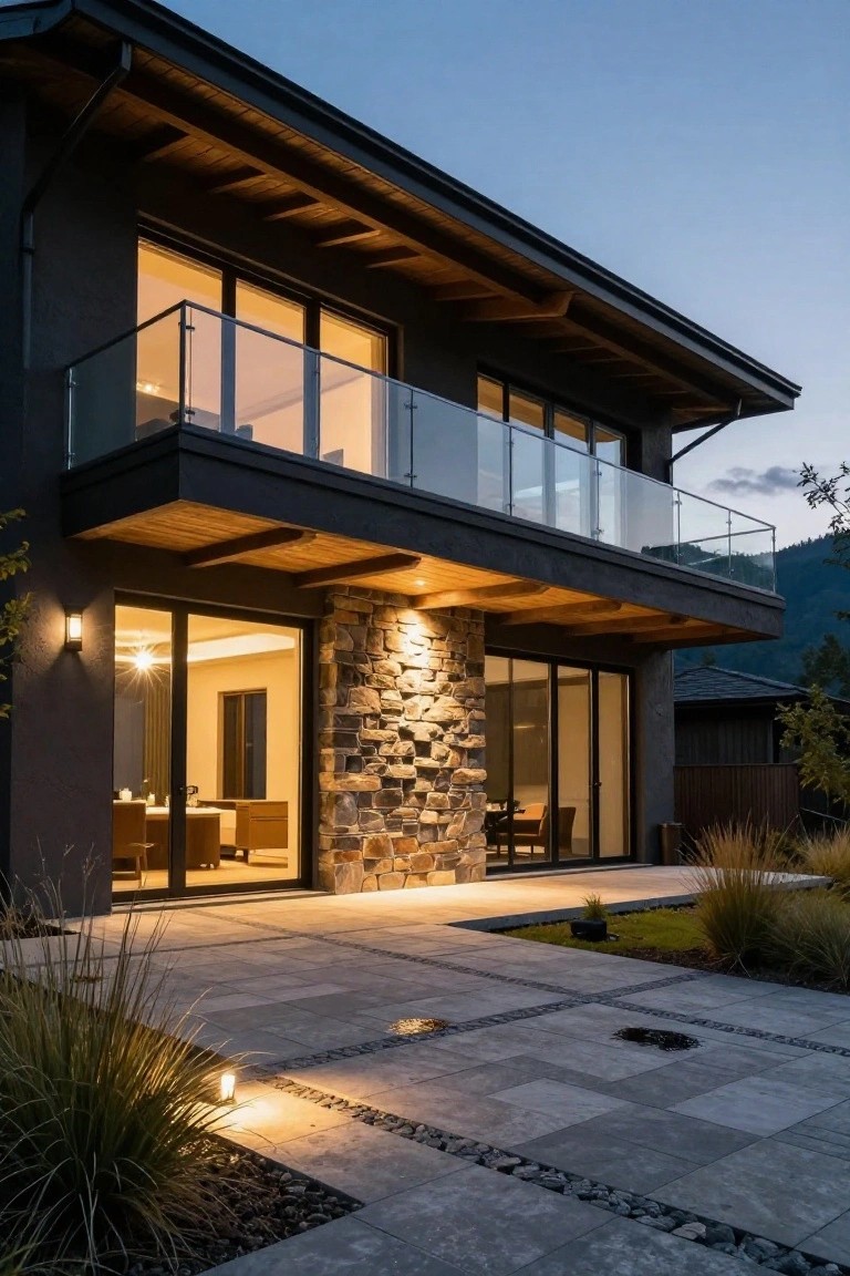 Modern home with stone walls, large glass windows, and lit balcony at dusk.