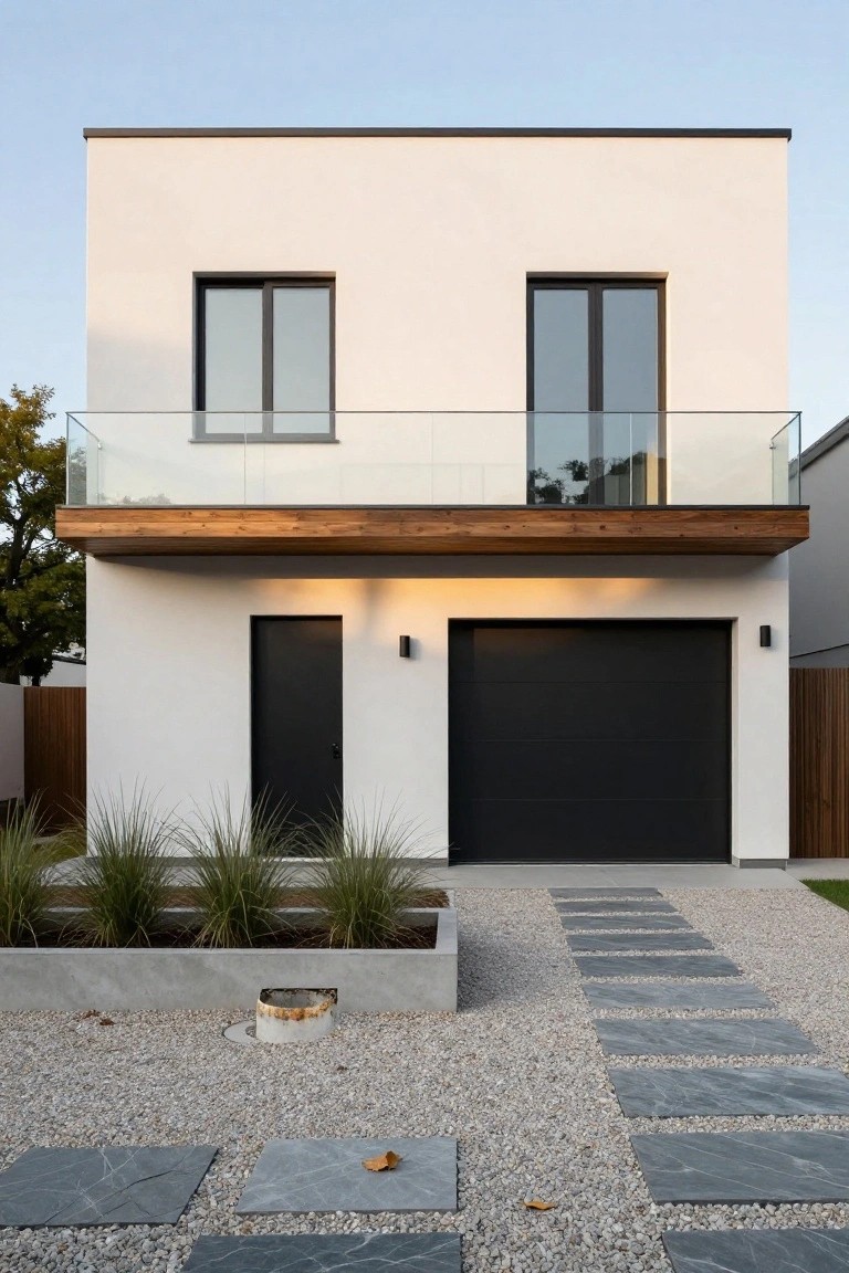 Modern white two-story house with black garage, glass balcony, and gravel path