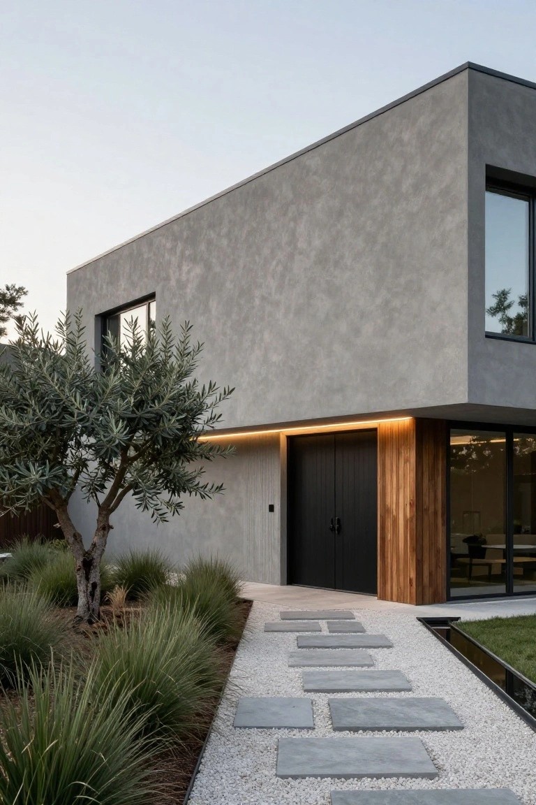 Modern two-story concrete house with black double doors, vertical wood siding beside the entry, and linear lighting above the door, with a gravel path of stepping stones in the foreground.