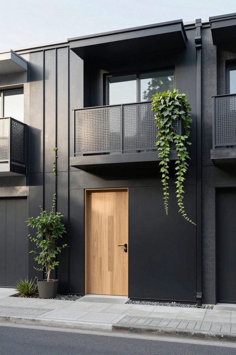 Modern black house exterior with a light wood front door, metal balconies, and trailing green plants.
