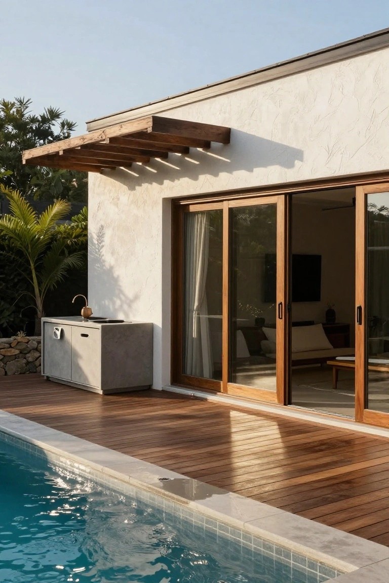Modern house exterior showing a white textured wall, large wooden-framed sliding glass doors, a projecting wooden overhang, concrete outdoor kitchen counter, wooden deck, and adjacent swimming pool.