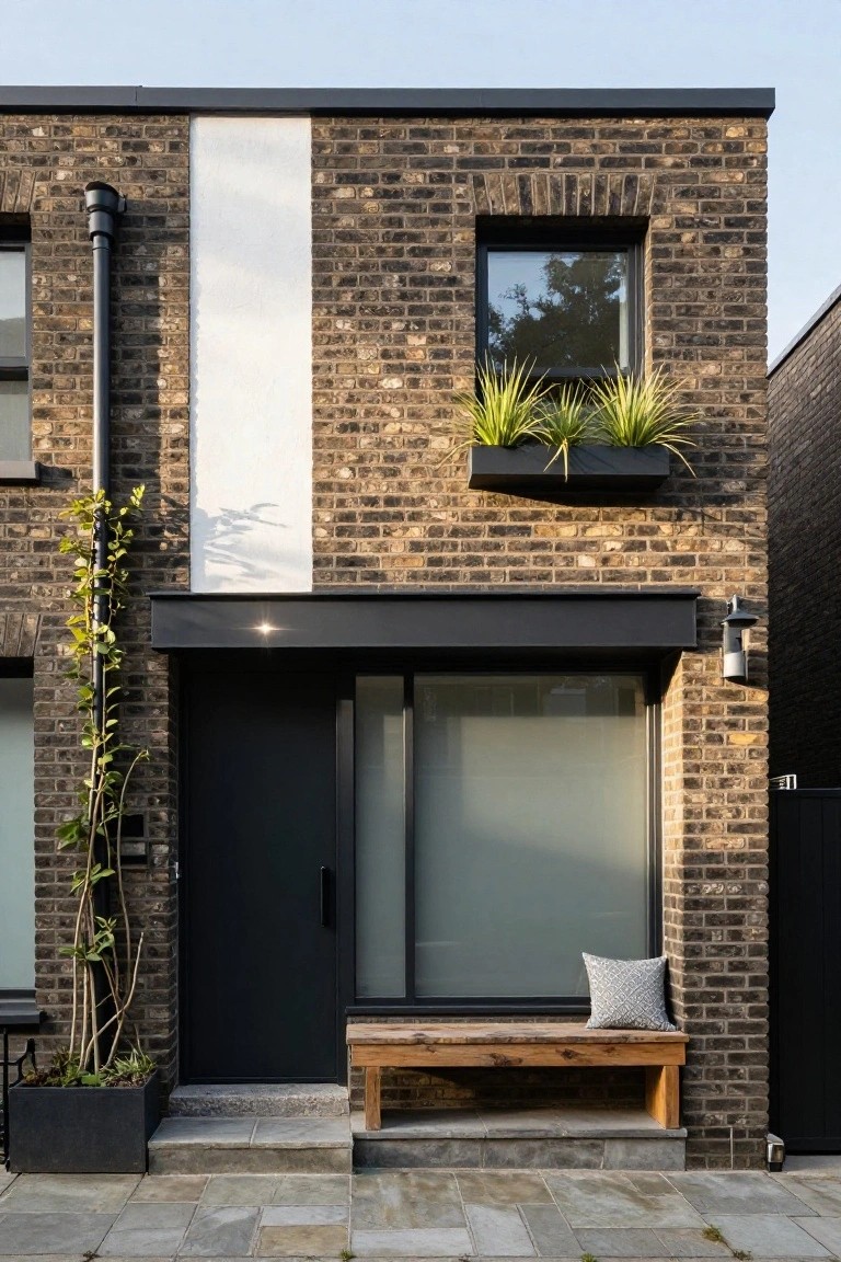 Modern brick house entrance with black door, wooden bench, window box plants and vines.