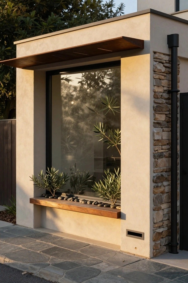 Modern house exterior with a large window above a wooden ledge holding small plants and pebbles, next to a section of stacked stone wall.