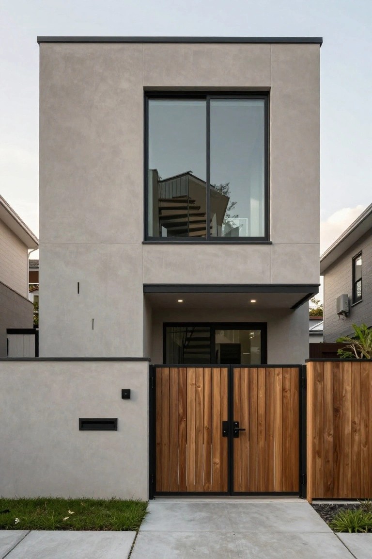 Modern two-story concrete house with large windows and wooden front gate.