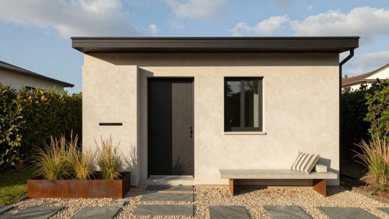 Modern house entrance with black door, gravel path, metal planter and concrete bench.