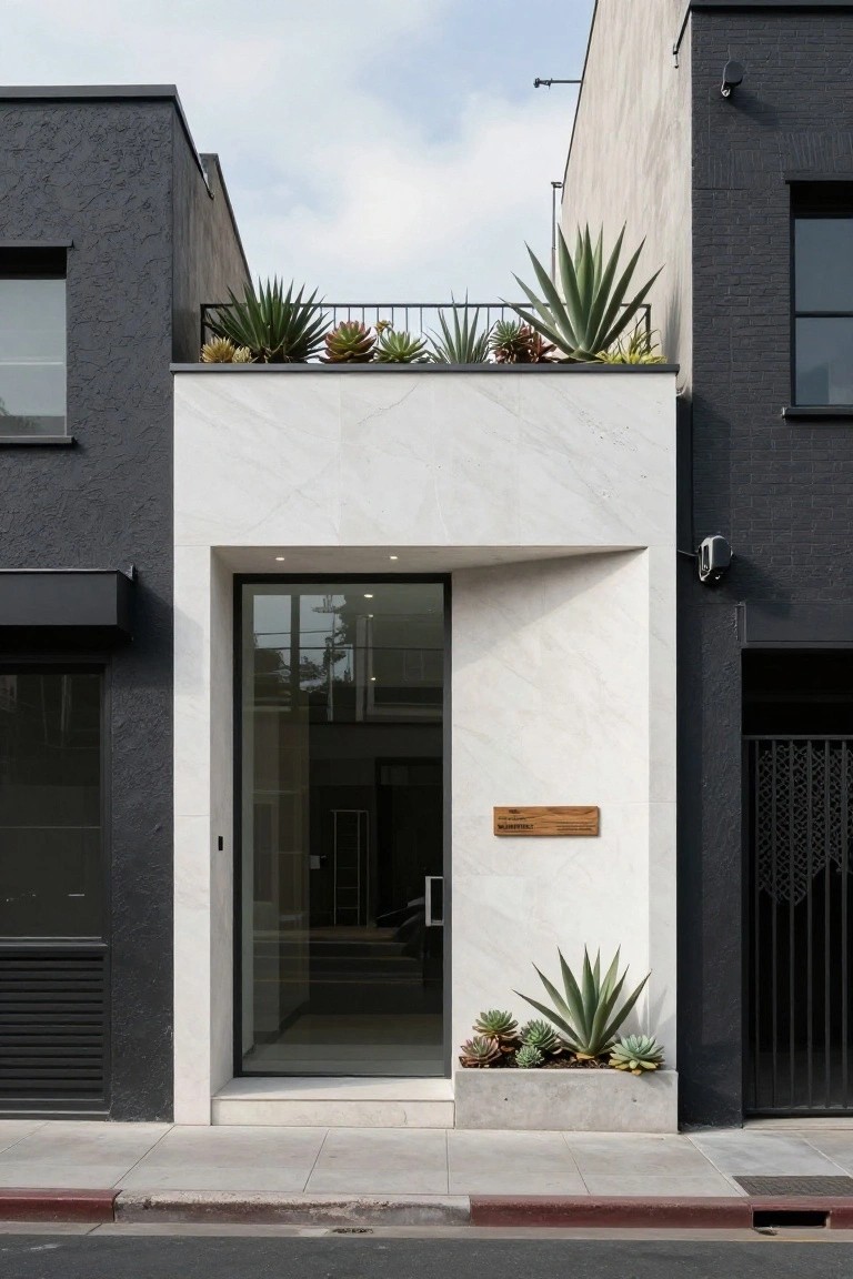 Front view of a compact modern house with a white marble entry facade, centered glass door, and succulents on the roof edge and lower planter.