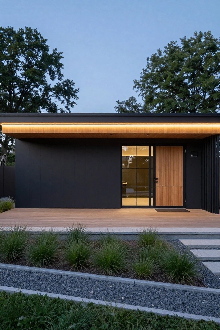 Modern house with dark exterior siding, a wooden door, a glass panel beside it, and a lit wood soffit under the flat roof overhang above a wooden deck.