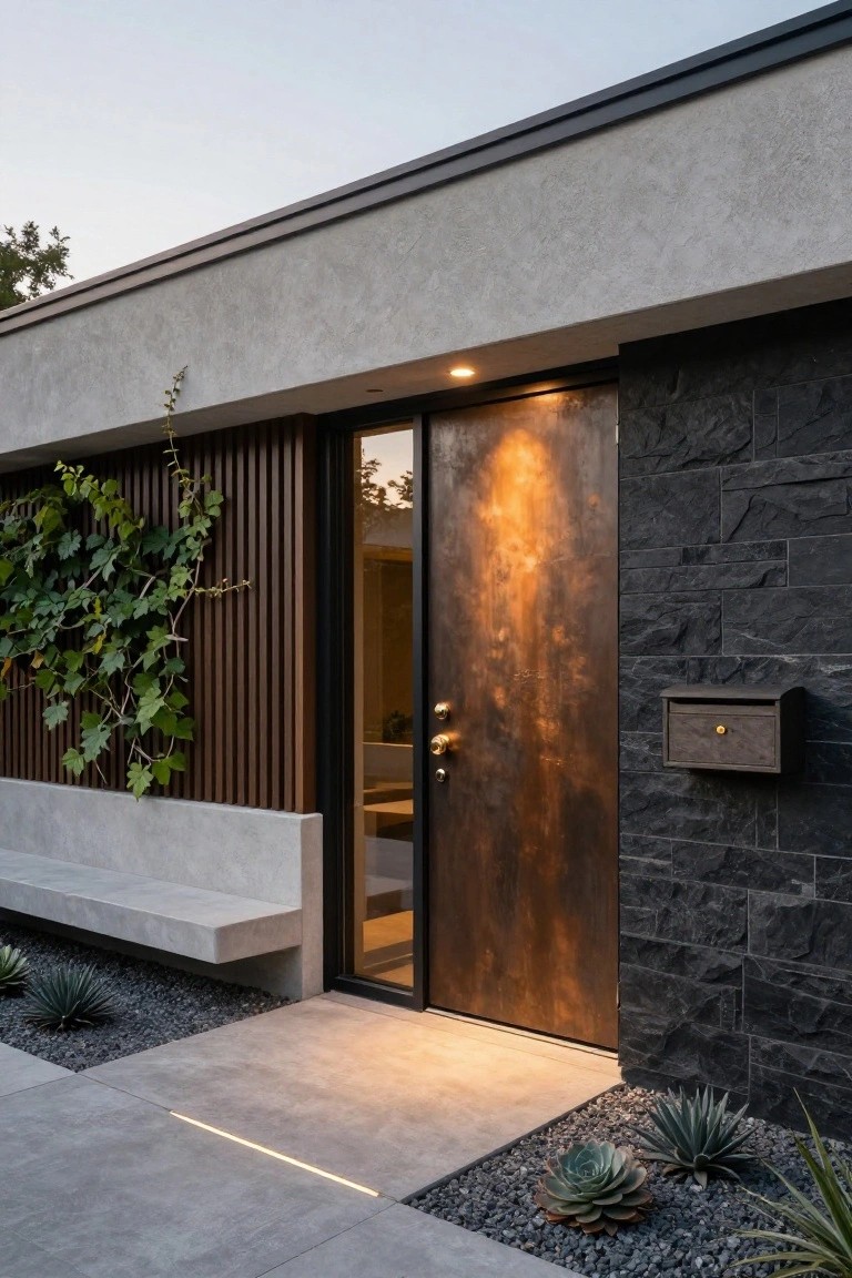 A modern house entrance with a large bronze metal door, dark stone wall to the right, vertical wood slats with vines to the left, and a concrete bench in the foreground.