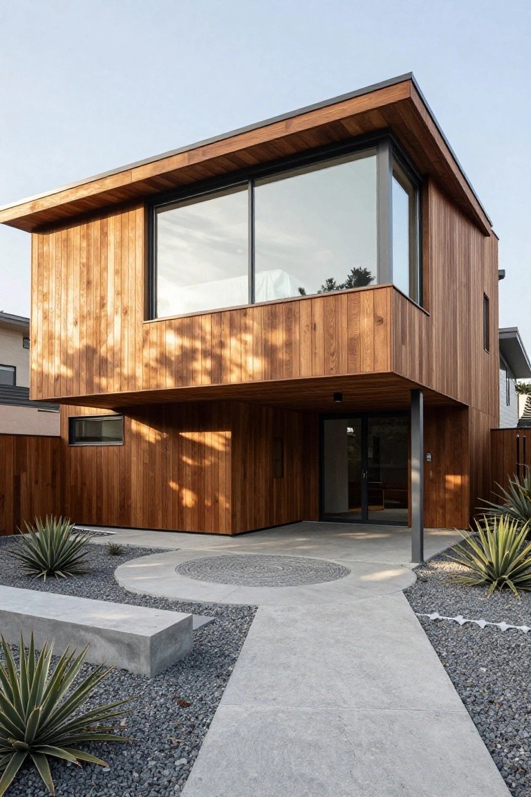 A modern two-story house clad in horizontal wood siding with a large cantilevered upper level featuring tall windows, set above a concrete and gravel entry area with agave plants.