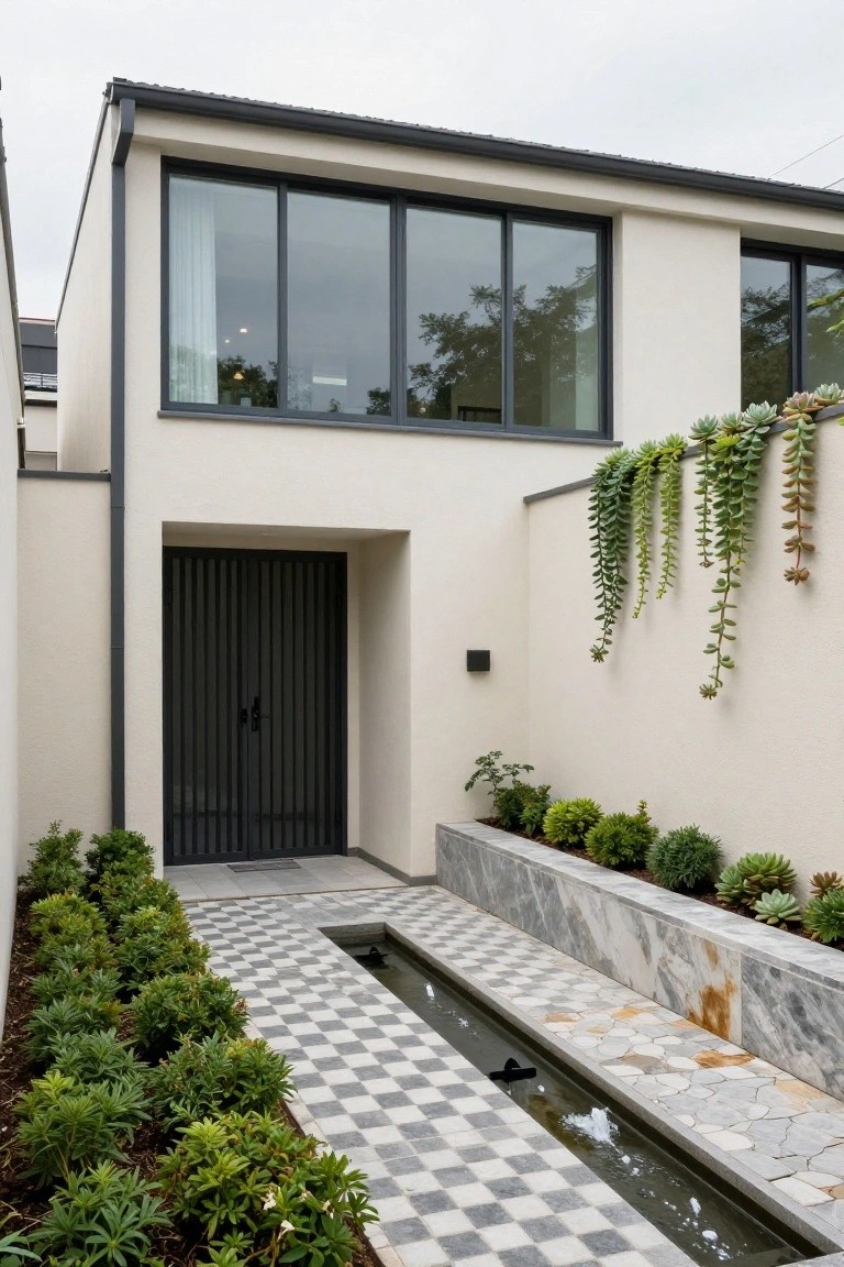Modern home with black door, windows, water feature, and checkered walkway.