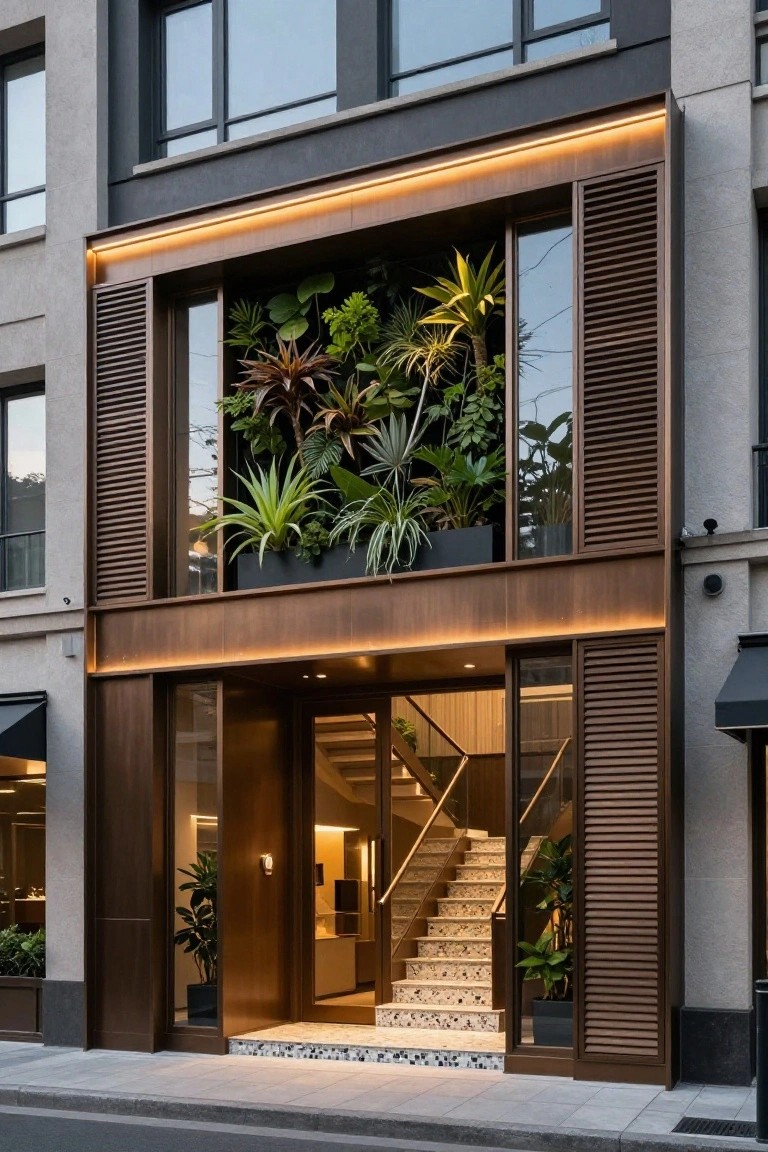 Modern building entrance with a large upper window containing a built-in planter of assorted green plants, flanked by louvered panels and warm linear lighting above a staircase entry.