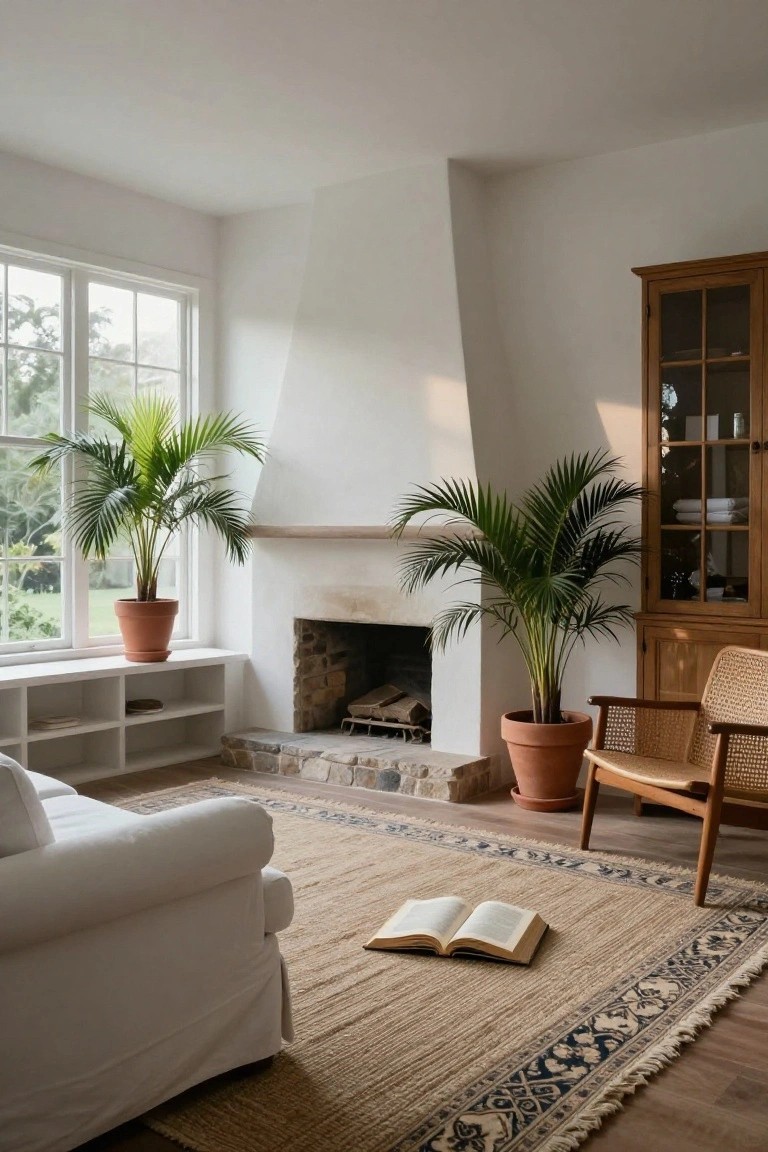 Cozy living room with white fireplace, potted palms, open book on patterned rug, wooden chair