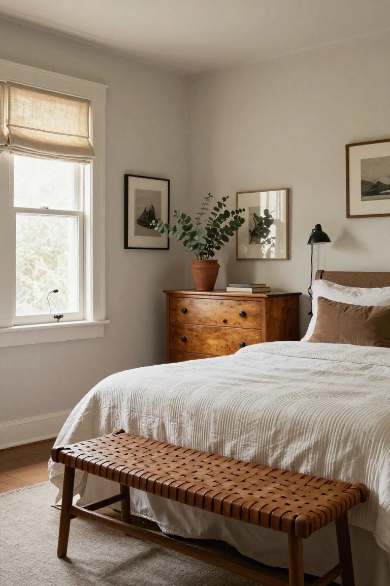 Cozy bedroom with white bed, wooden dresser, potted plant, and woven leather bench.