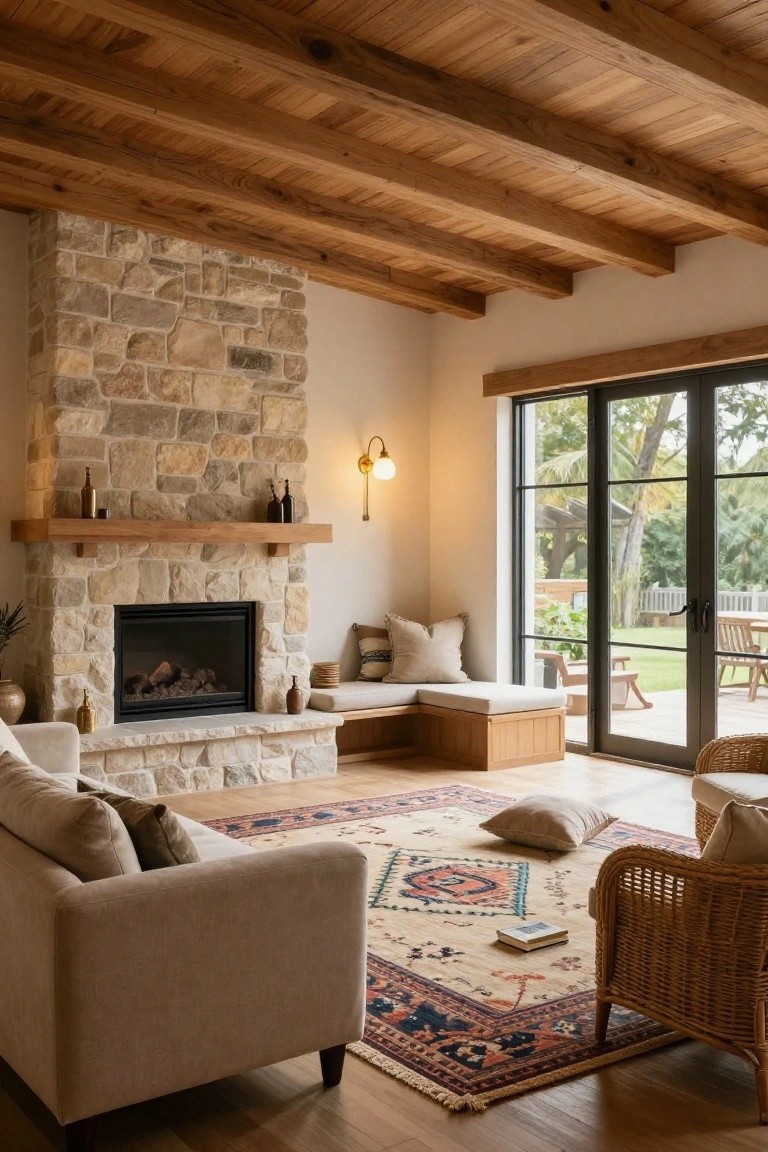 A living room interior featuring a large stone fireplace, exposed wooden ceiling beams, a patterned area rug, and glass doors opening to an outdoor patio.