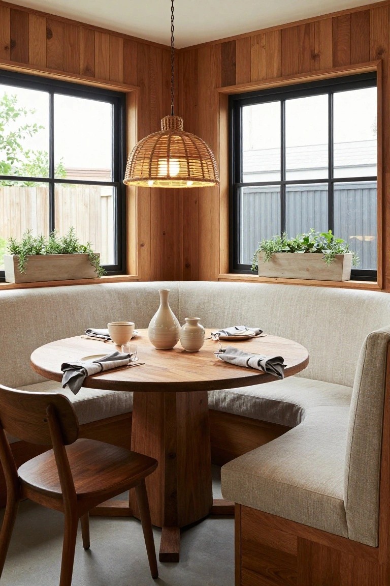 A round wooden dining table with a curved upholstered banquette, two wooden chairs, and table settings sits in a wood-paneled corner with black-framed windows.
