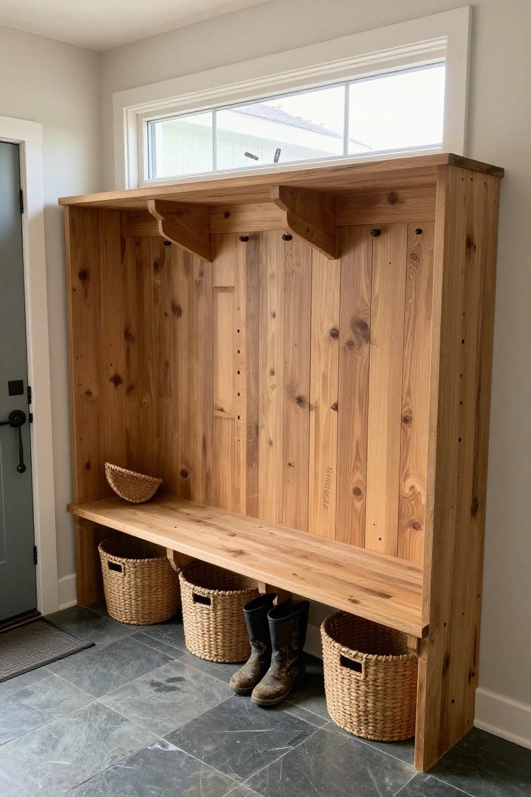 A wooden built-in bench with hooks above and woven baskets stored below in a home entryway.