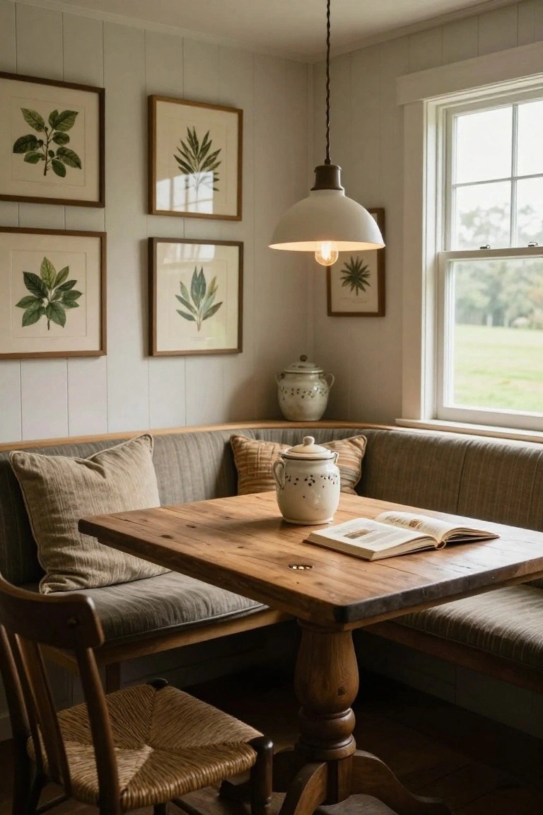 A wooden dining table with an open book is placed in front of a built-in upholstered bench with pillows, next to a window and framed botanical prints on the wall.