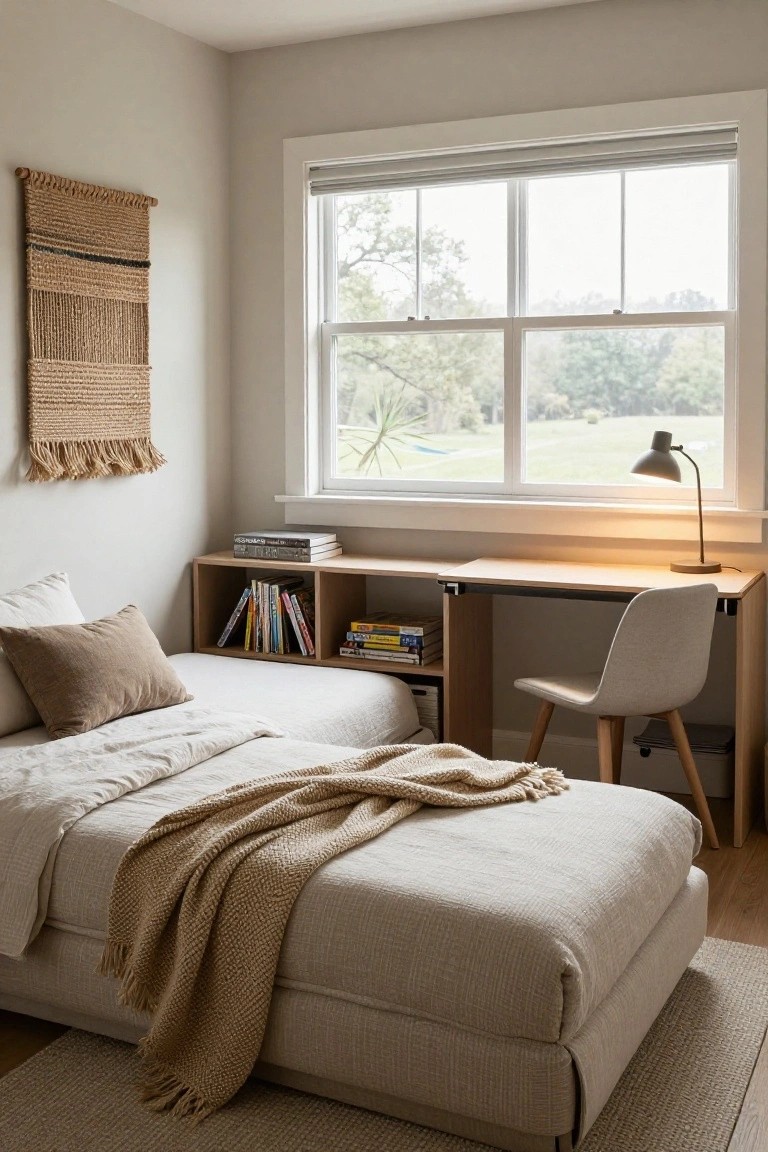 A bedroom with a bed on the left and a built-in desk and shelving unit under a large window on the right, with books stored on the shelves and a chair at the desk.
