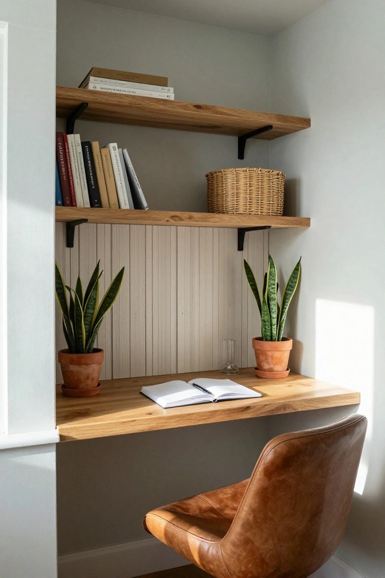 Natural wood desk nook with brown leather chair, snake plants, and floating shelves of books.