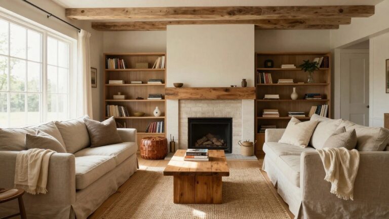 A living room featuring a brick fireplace flanked by wooden built-in bookshelves, with sofas, a wooden coffee table, and exposed ceiling beams.