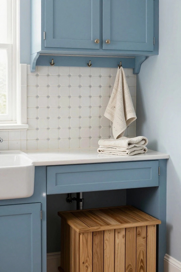A blue-painted utility sink area with white tile backsplash, brass hooks holding a towel, folded towels on the counter, and a wooden stool stored underneath.