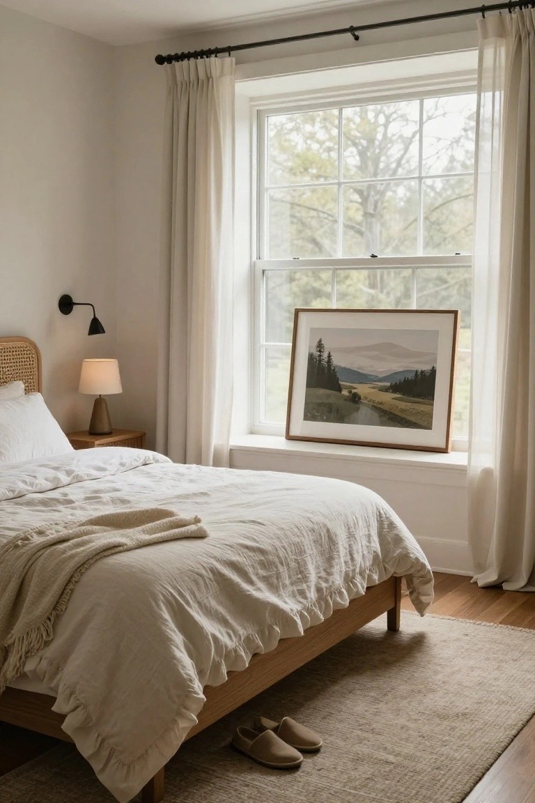 A bedroom with a wooden bed dressed in white linens next to a large window with white curtains and a framed landscape print on the sill.