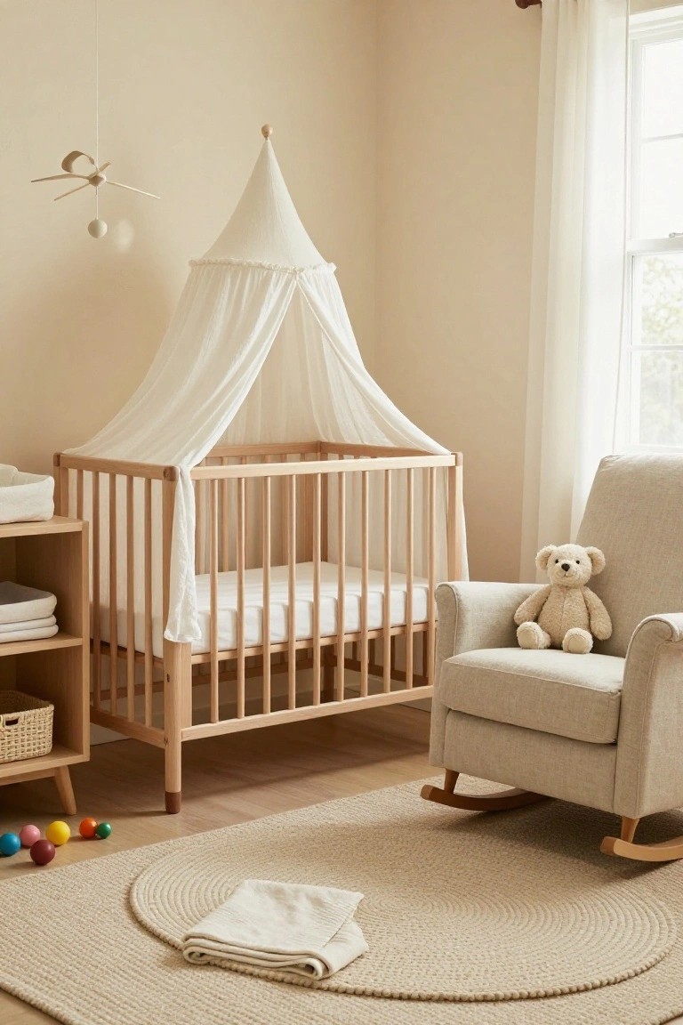 A light wood crib with a white fabric canopy stands on a round woven rug next to a beige upholstered rocking chair holding a teddy bear in a neutral nursery.