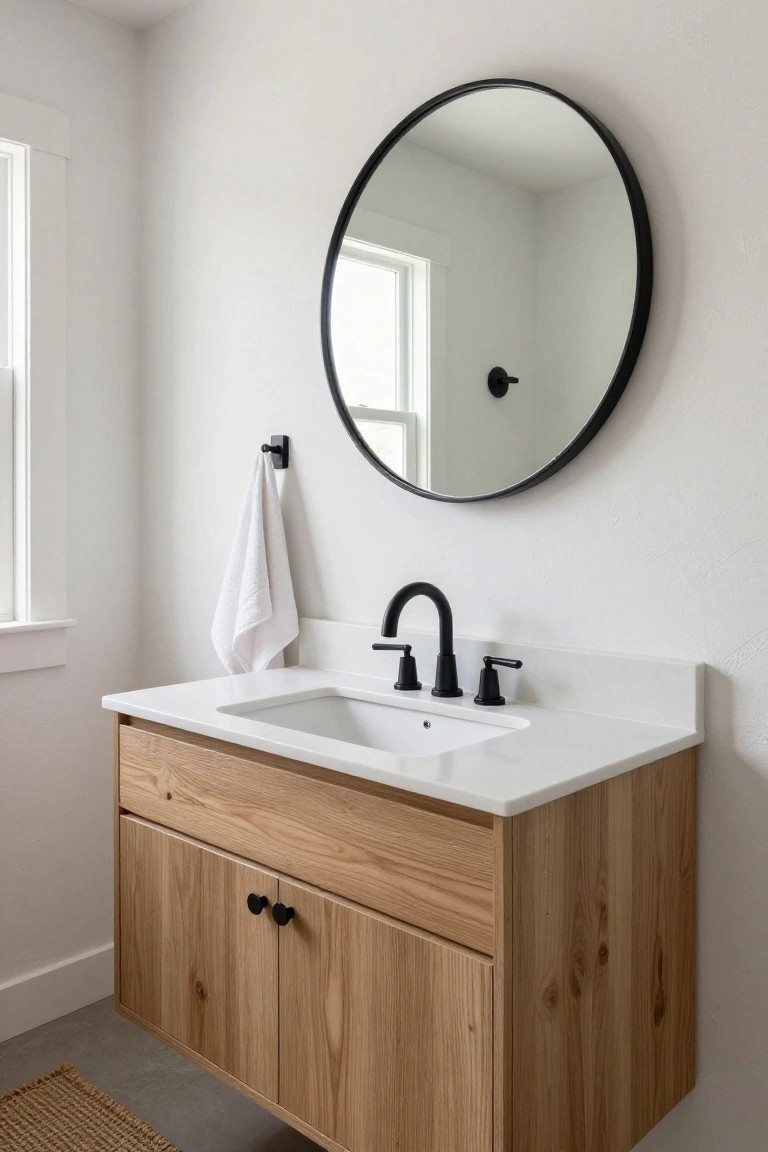 A bathroom vanity featuring light wood cabinetry with a white countertop, black faucet and handles, and a round black mirror mounted above it.