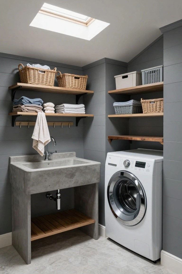 A laundry room featuring wooden open shelves with wicker baskets and folded towels above a concrete utility sink, next to a white front-loading washing machine on gray walls.