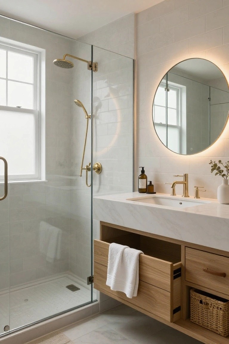 A bathroom featuring a floating light wood vanity with white marble top, open drawers holding towels, a round backlit mirror, and a glass shower enclosure to the left.