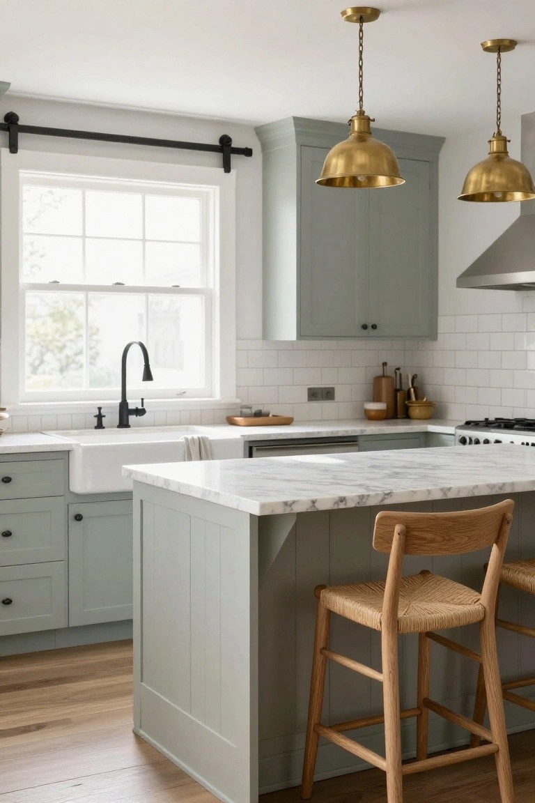 A kitchen interior with sage green cabinets, a white marble-topped island, a farmhouse sink beneath a window, and two brass pendant lights.