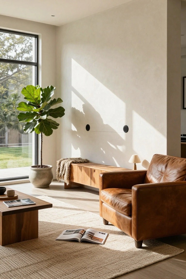 Sunlit living room with brown leather chair, wooden bench, and fiddle leaf fig plant