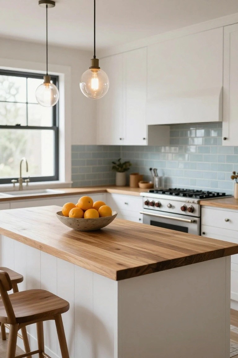 A bright kitchen featuring a large wooden island with a bowl of oranges, white cabinetry, light blue tile backsplash, and two glass pendant lights.